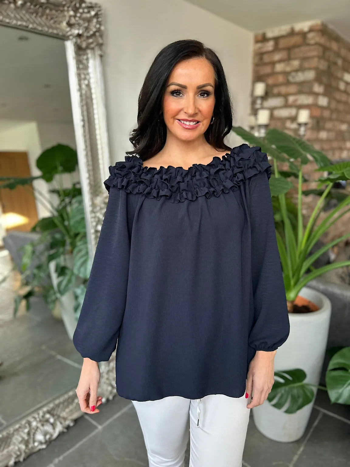 Navy Ruffle Bardot Top Heidi