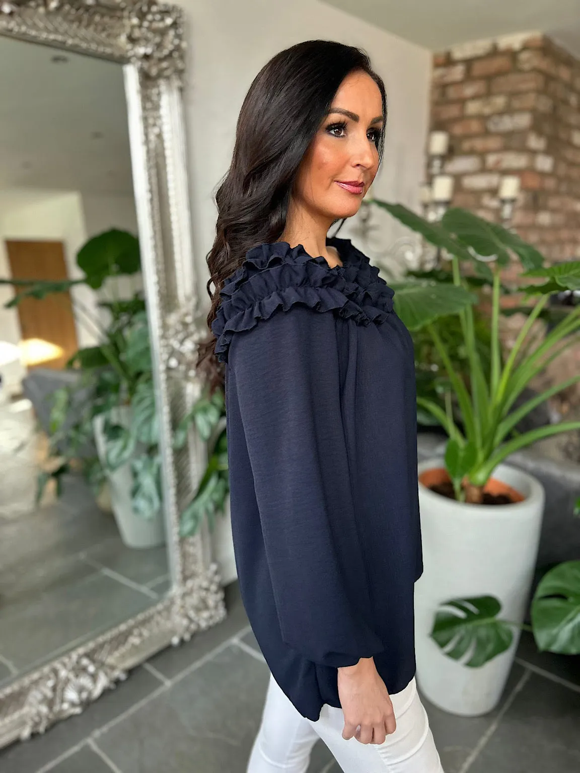 Navy Ruffle Bardot Top Heidi