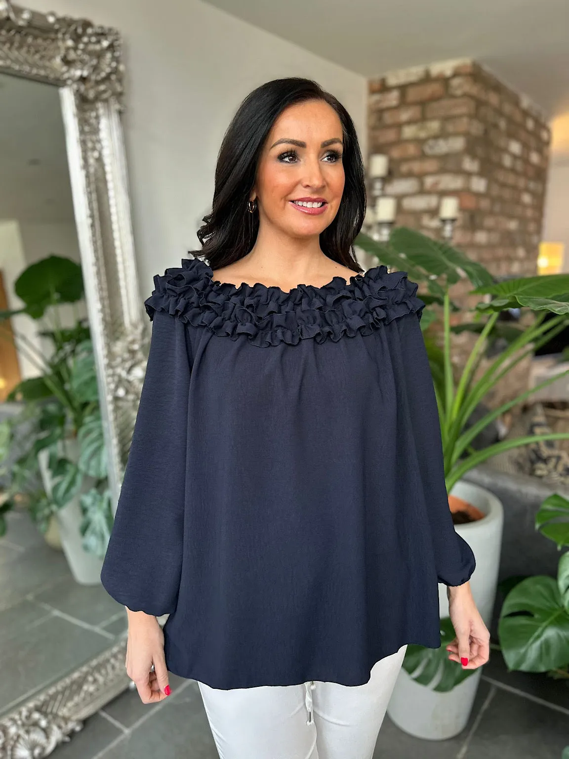 Navy Ruffle Bardot Top Heidi