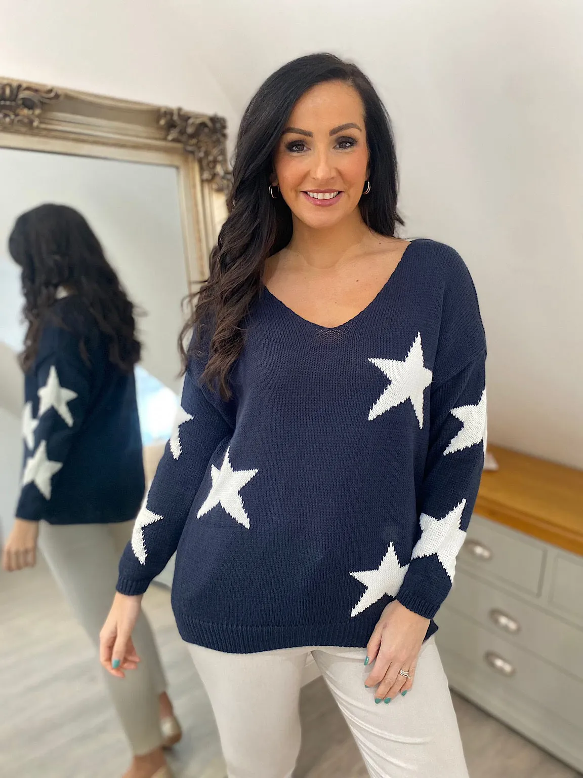 Navy Star V Neck Jumper Brenda