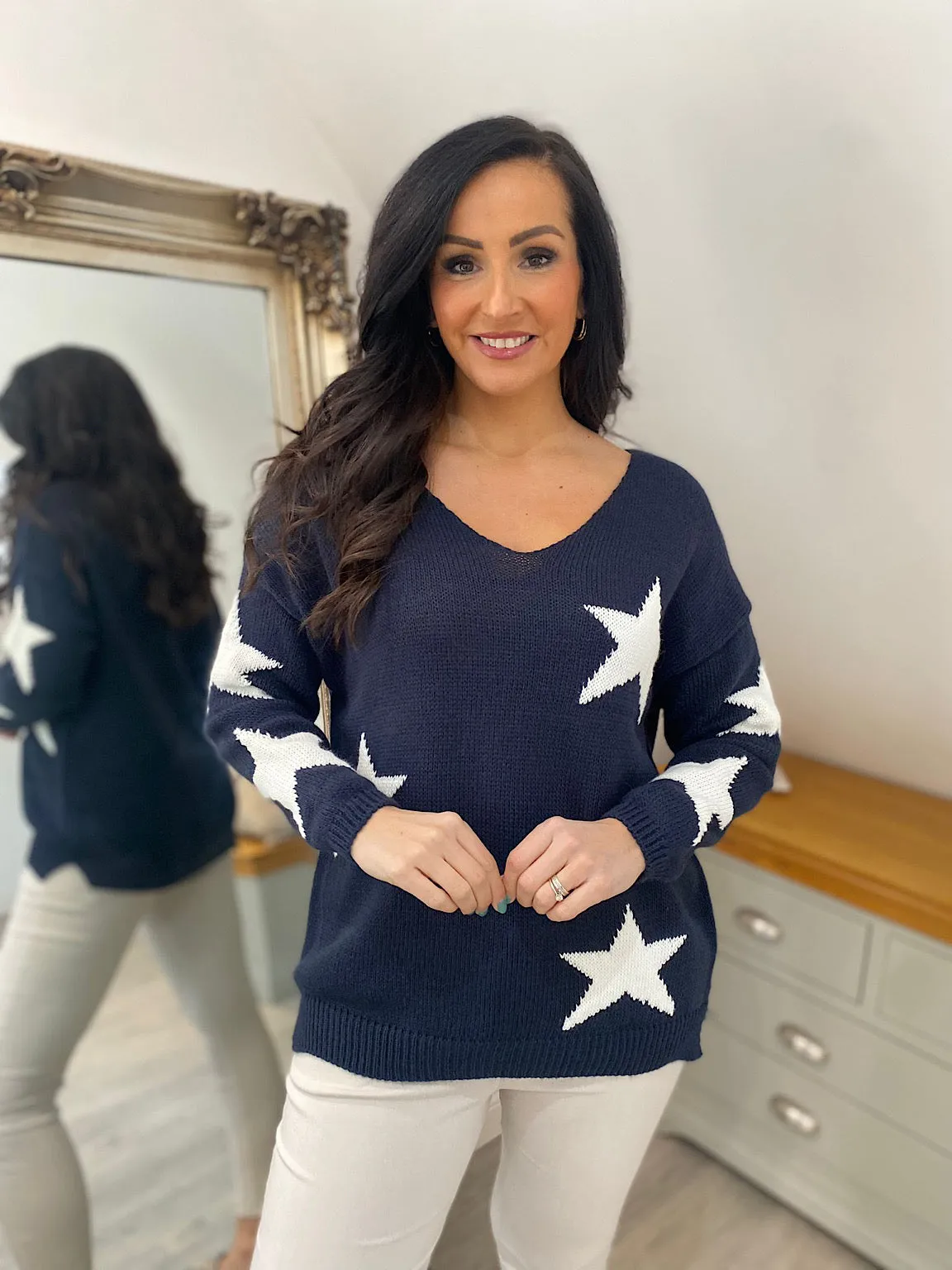 Navy Star V Neck Jumper Brenda