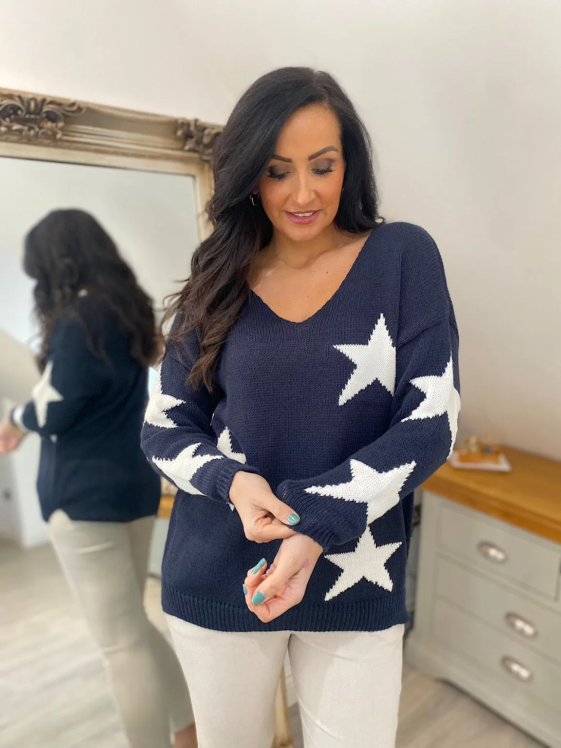 Navy Star V Neck Jumper Brenda