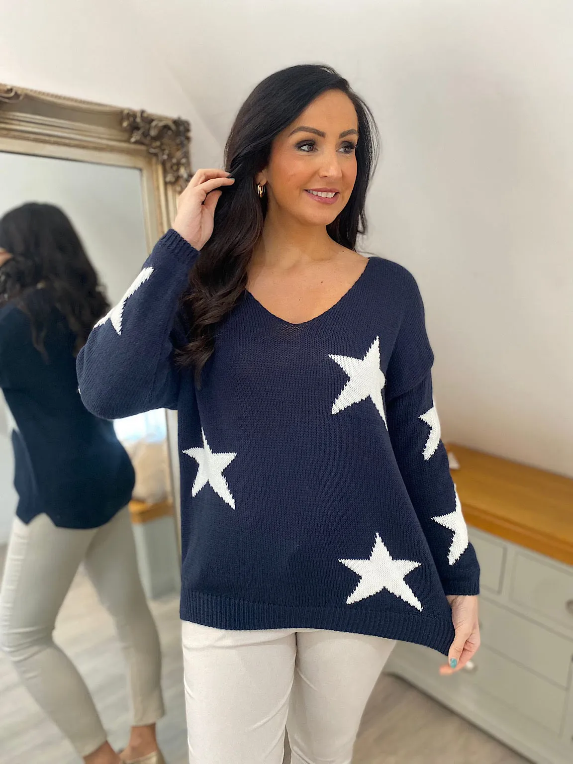 Navy Star V Neck Jumper Brenda