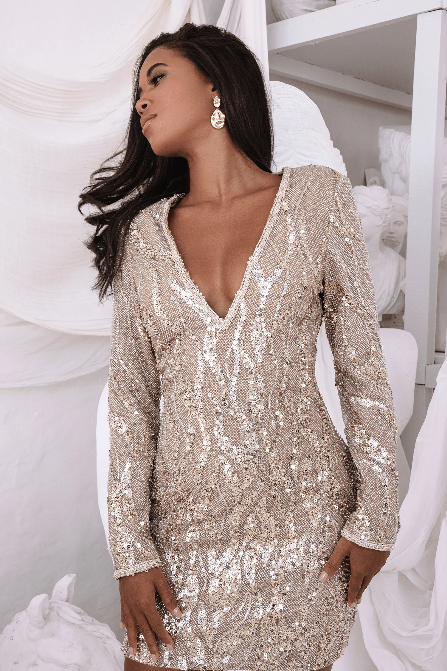 OPHELIA Embellished Sequin Print Mini Dress in Gold