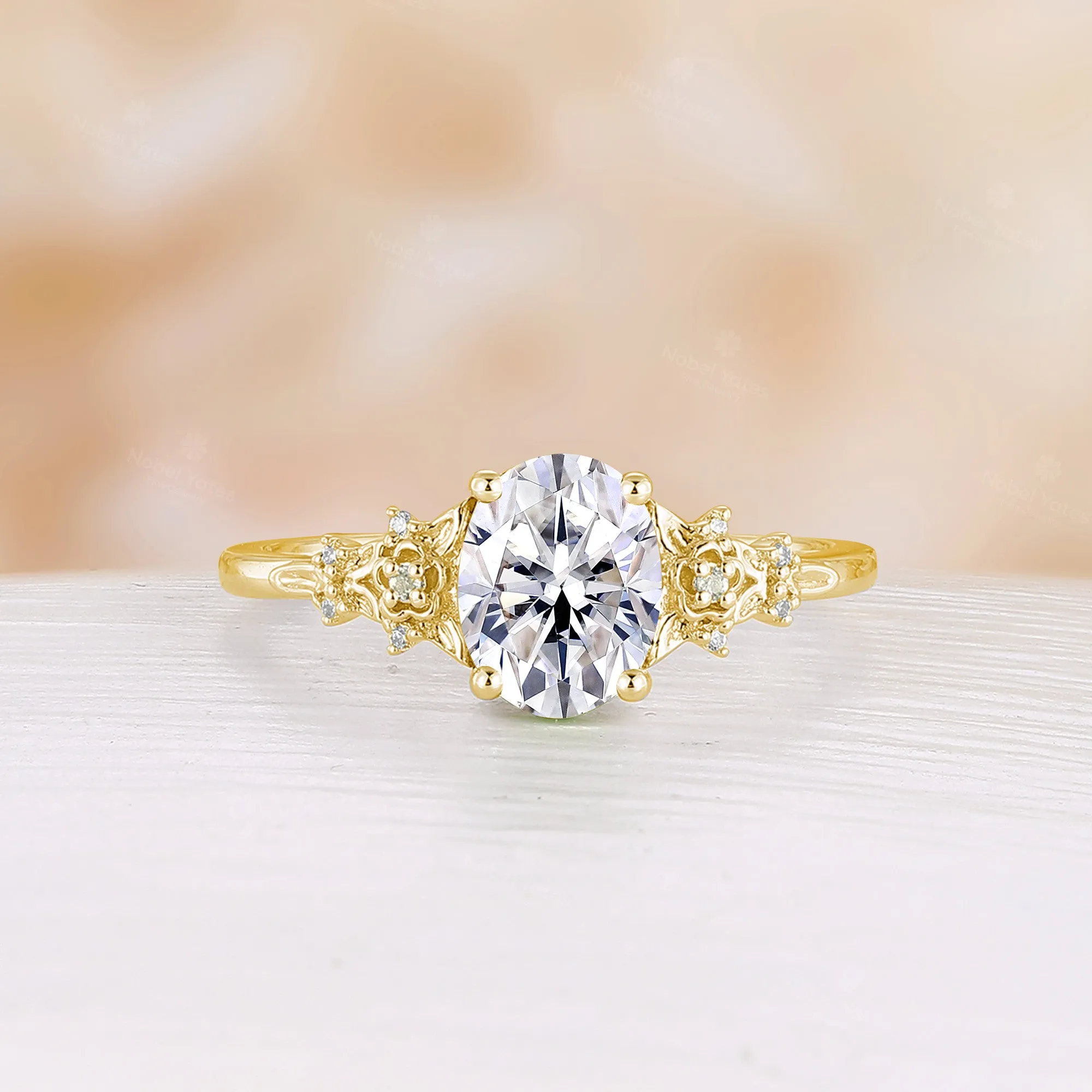 Oval Cut Moissanite Nature Inspired Foral Engagement Ring Rose Gold Side Stone