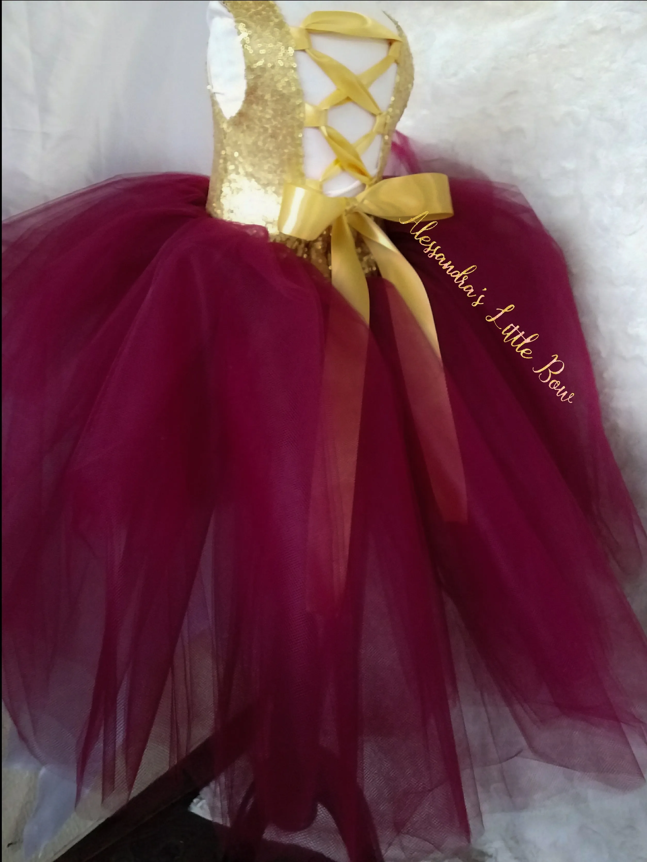 Princess Natalie High Low Couture Dress in Burgandy and Gold