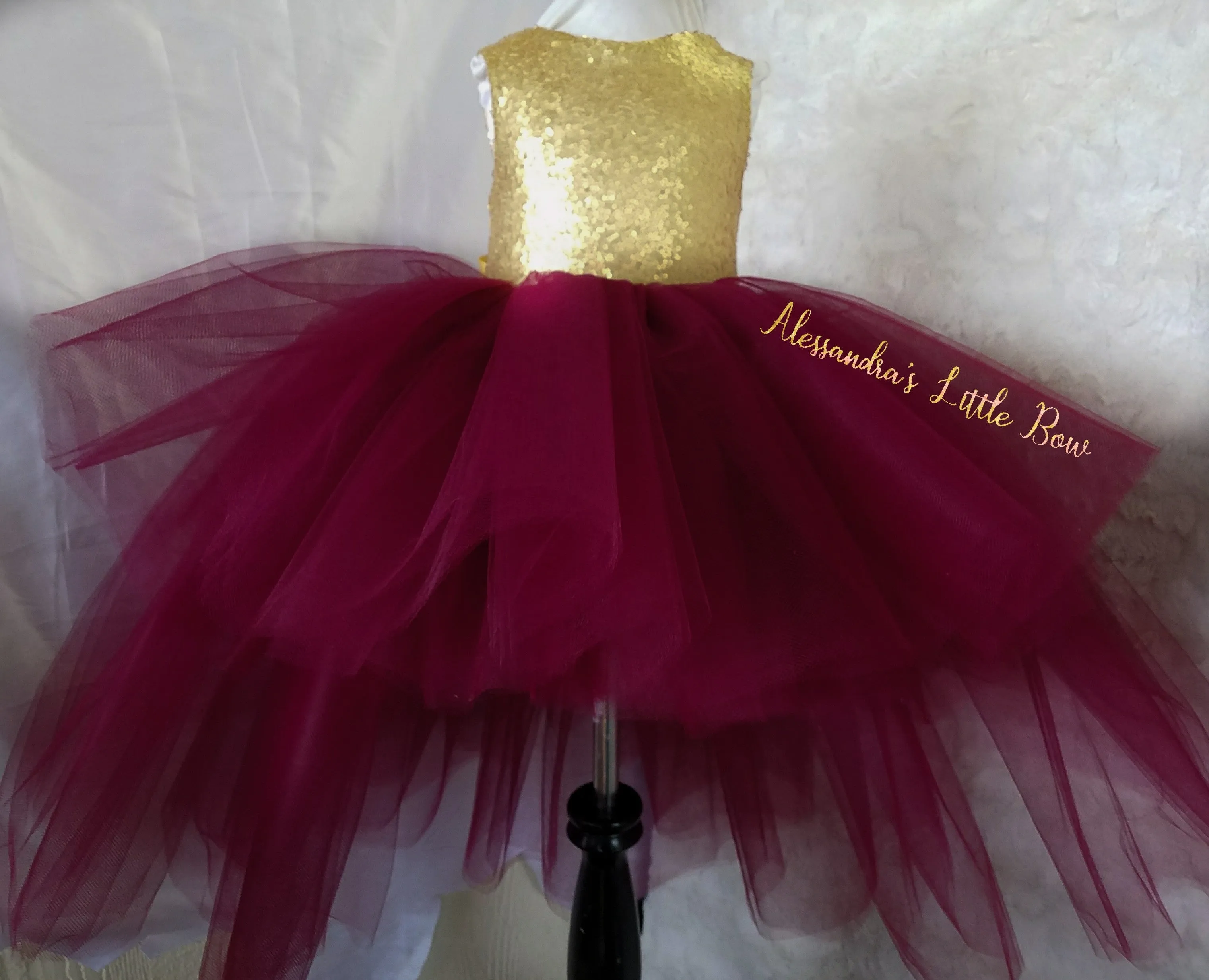 Princess Natalie High Low Couture Dress in Burgandy and Gold