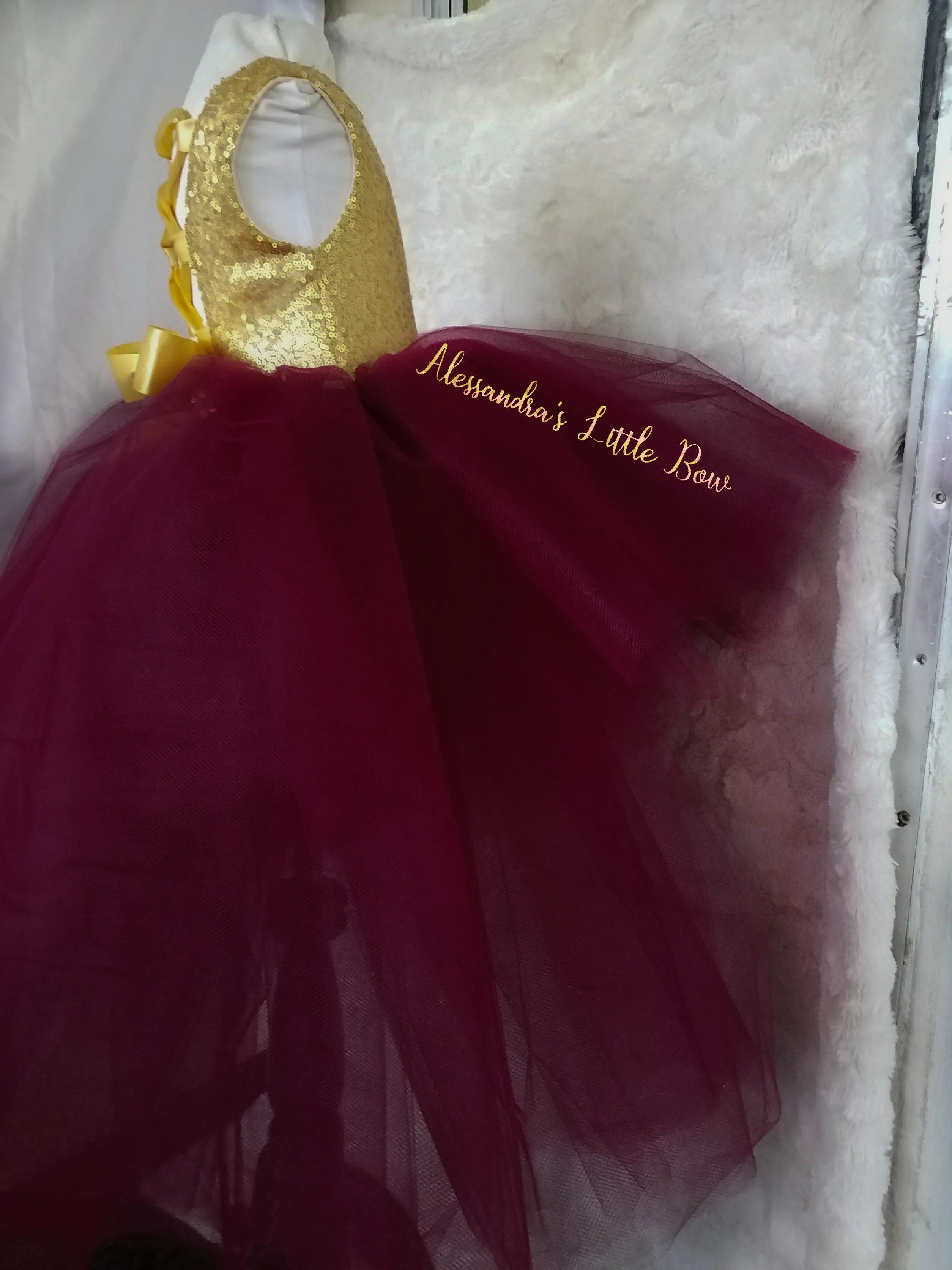 Princess Natalie High Low Couture Dress in Burgandy and Gold