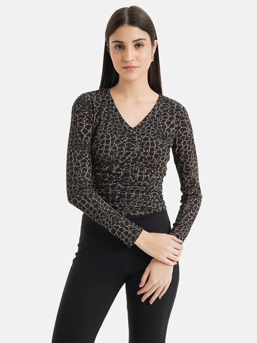 Printed V Neck Ruched Top