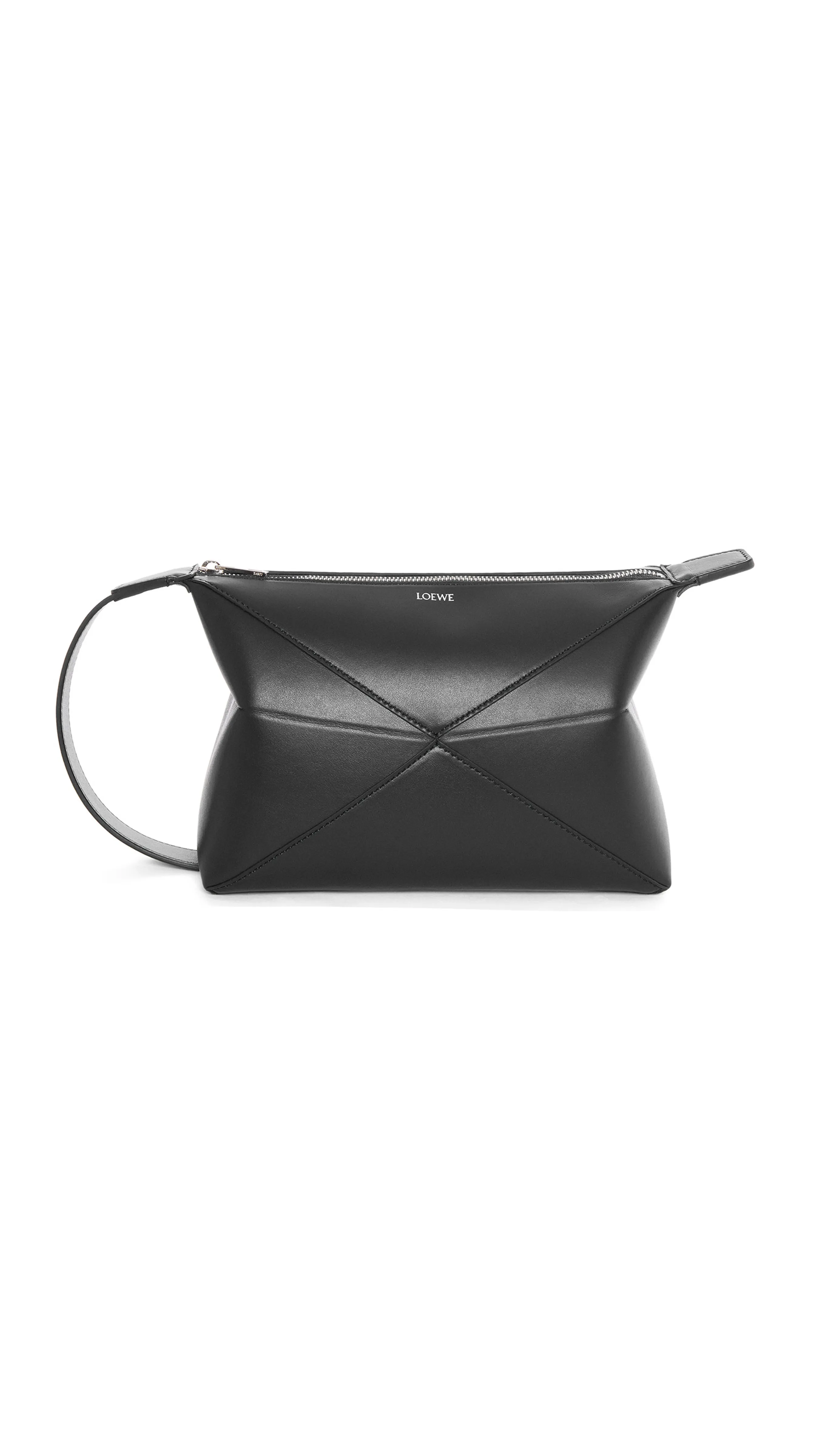 Puzzle Fold Wash Bag in Shiny Calfskin - Black