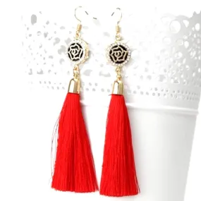 Red Tassel Earrings with Gold and Crystal Flower Charm