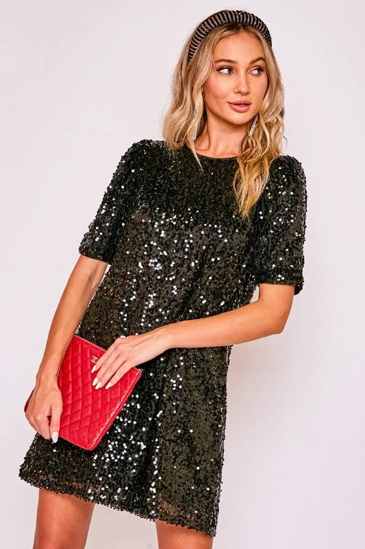 Round Neck Puff Shoulder Sequin Dress