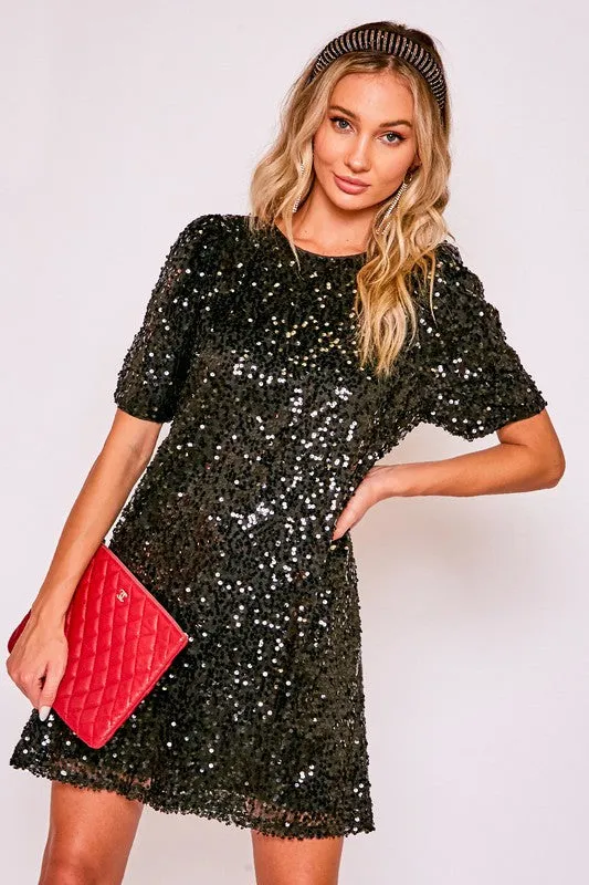 Round Neck Puff Shoulder Sequin Dress