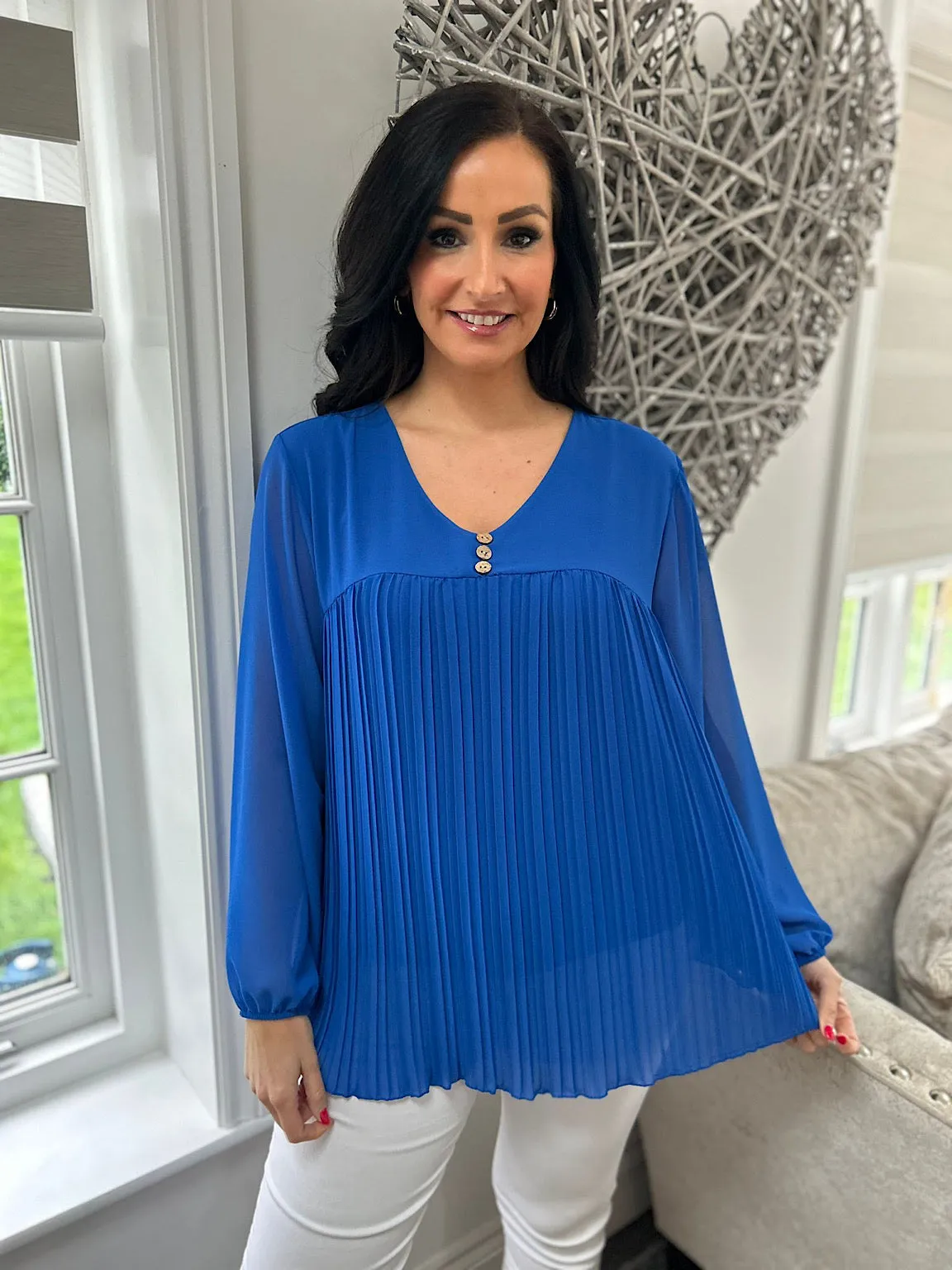 Royal Blue Button Pleated Blouse Hilary