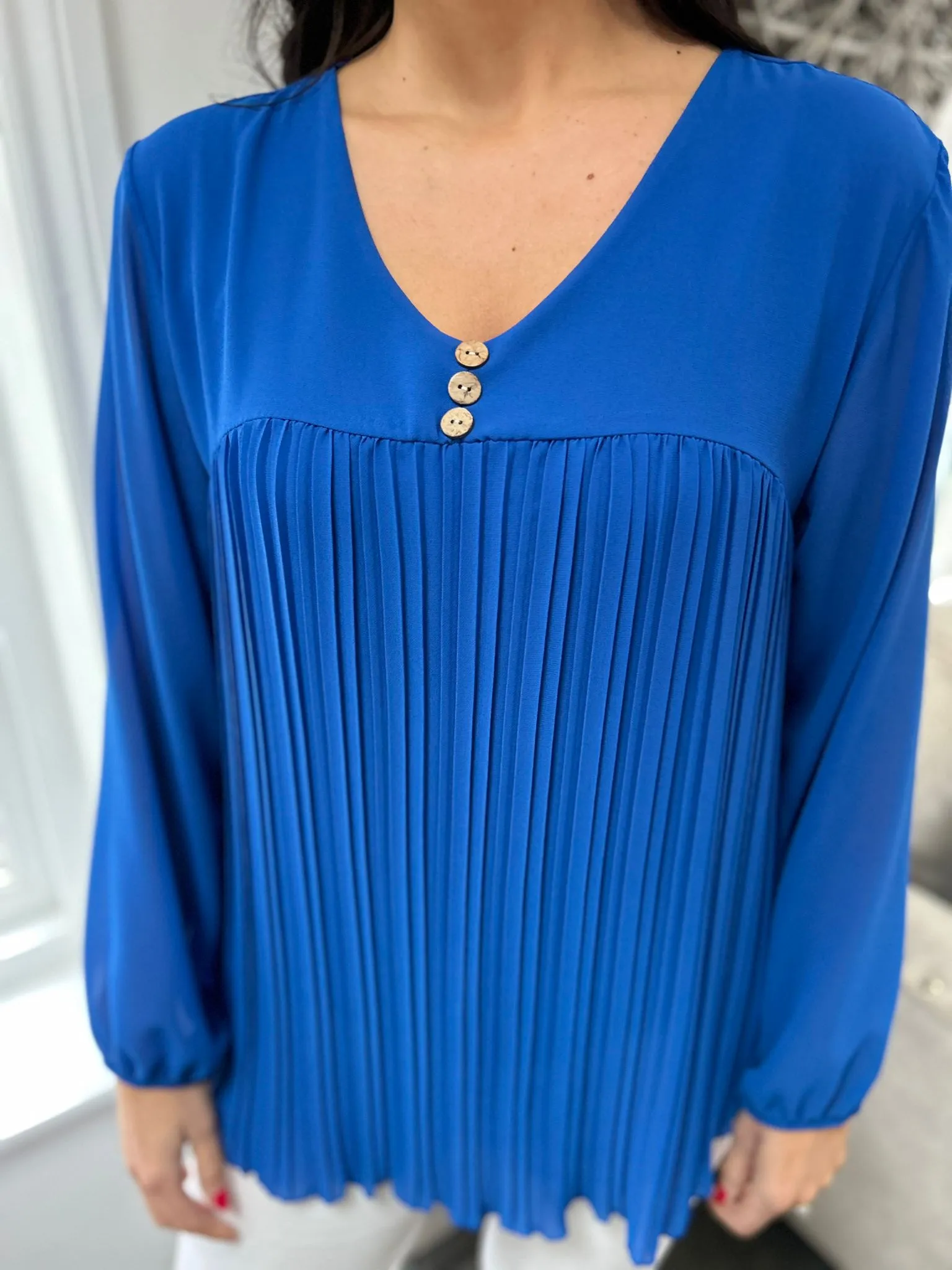 Royal Blue Button Pleated Blouse Hilary