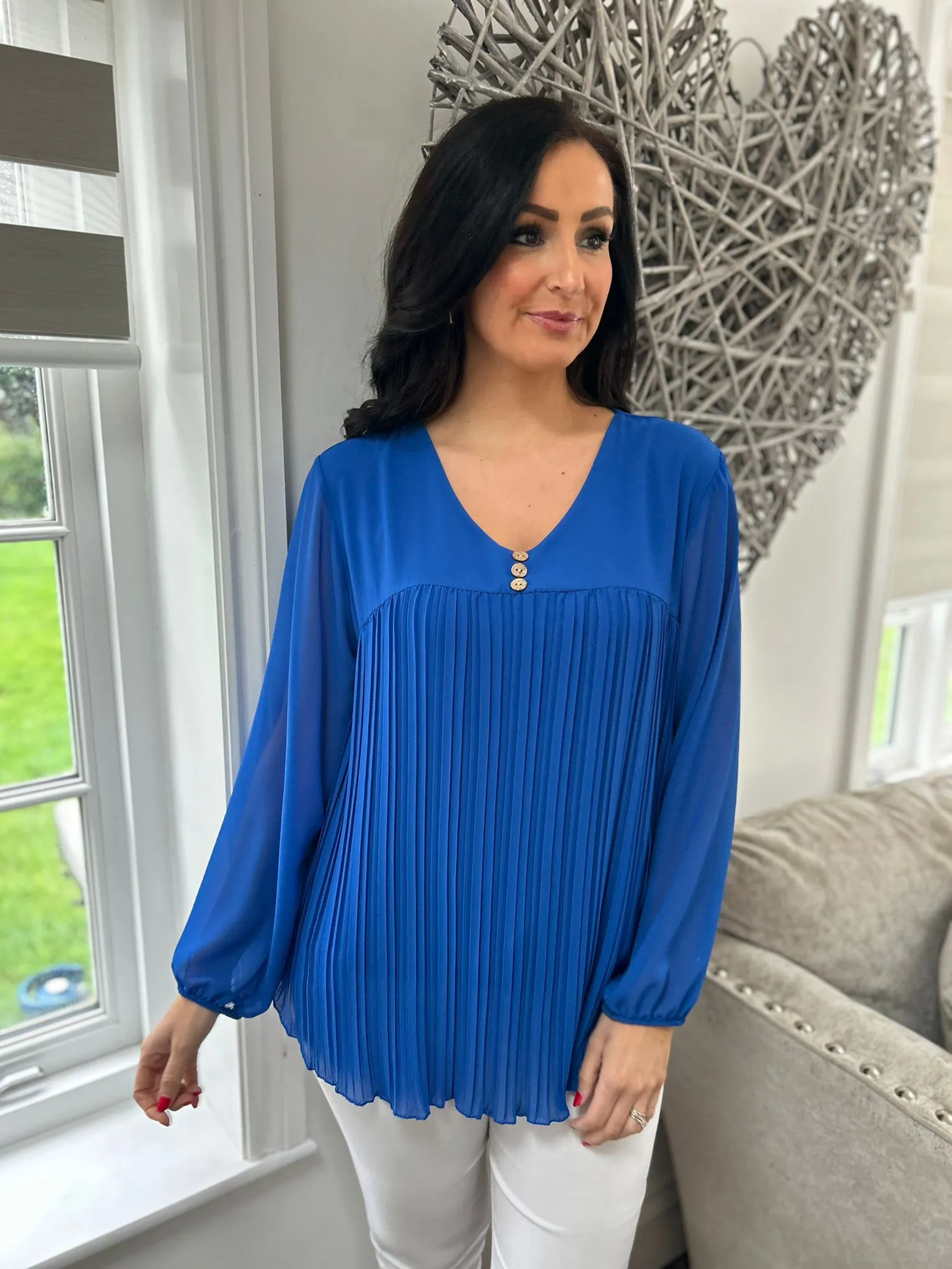 Royal Blue Button Pleated Blouse Hilary