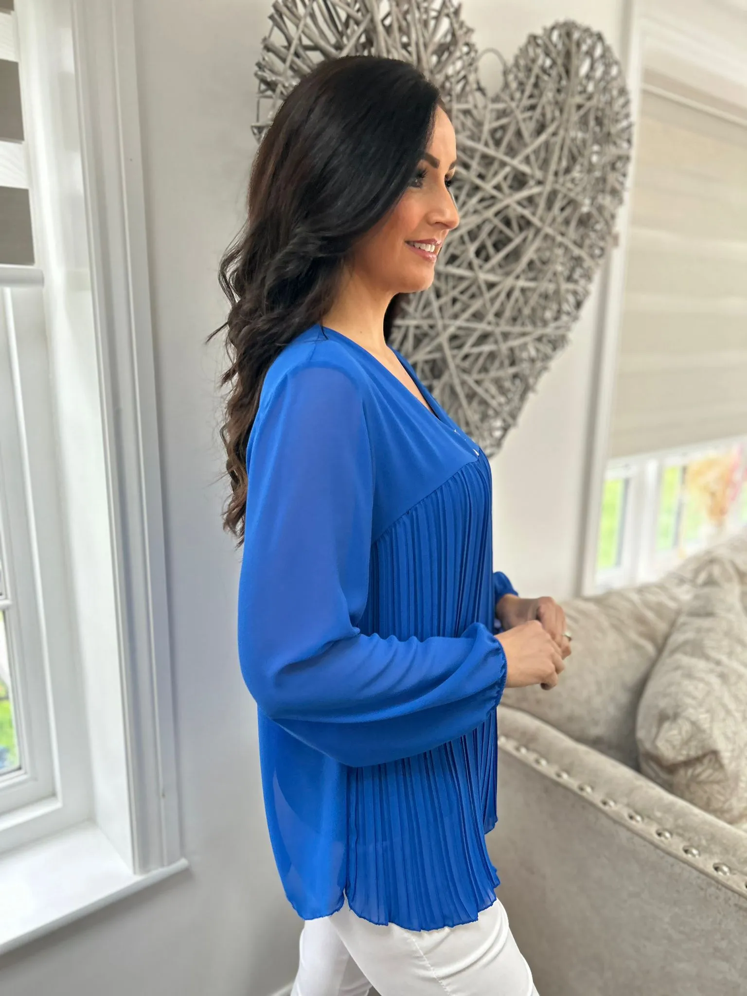 Royal Blue Button Pleated Blouse Hilary