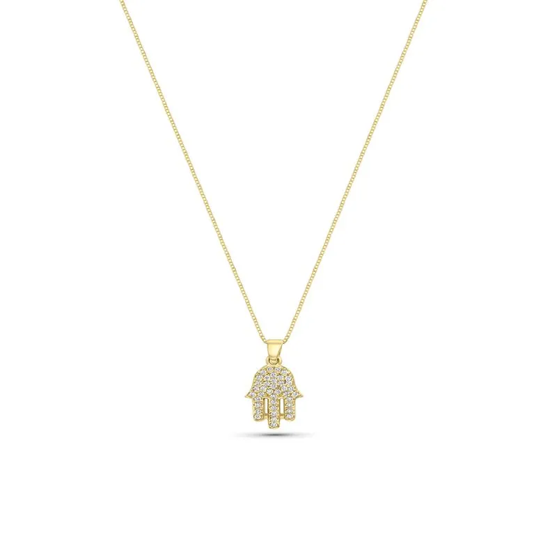 Small 14K Gold Hamsa Pendant with White Zircon