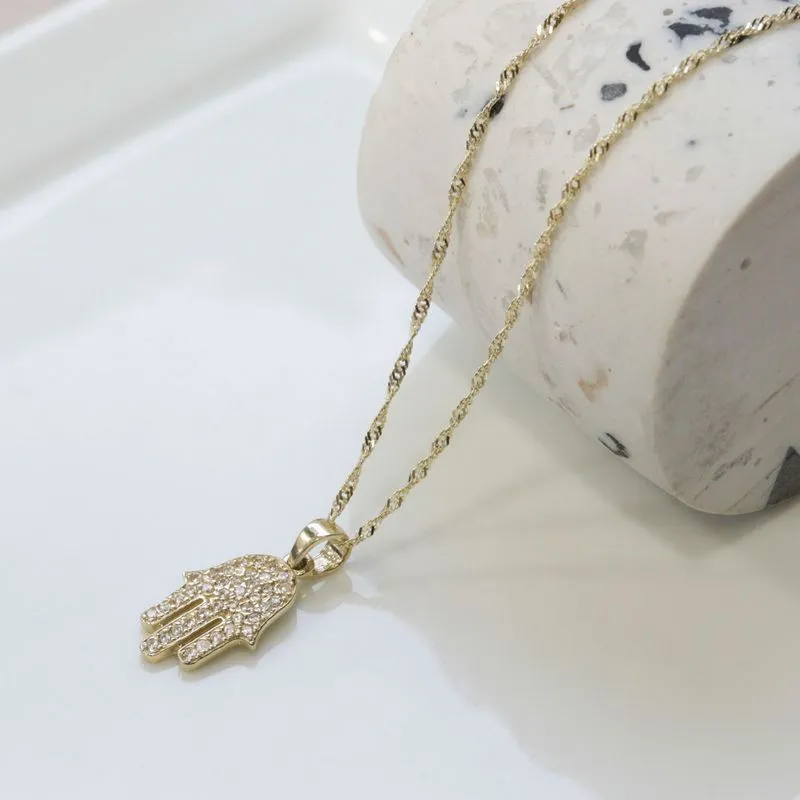 Small 14K Gold Hamsa Pendant with White Zircon