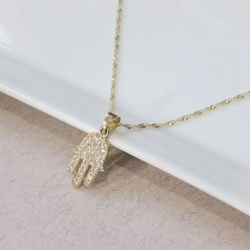 Small 14K Gold Hamsa Pendant with White Zircon