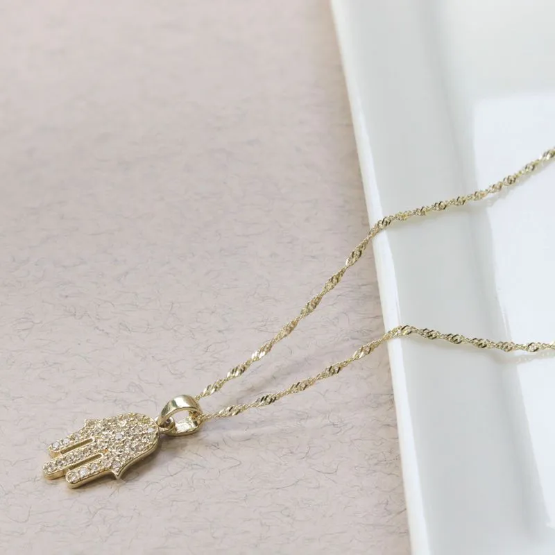 Small 14K Gold Hamsa Pendant with White Zircon