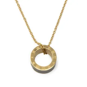 Stainless Steel Black Enamel Round Necklace Gold Plated