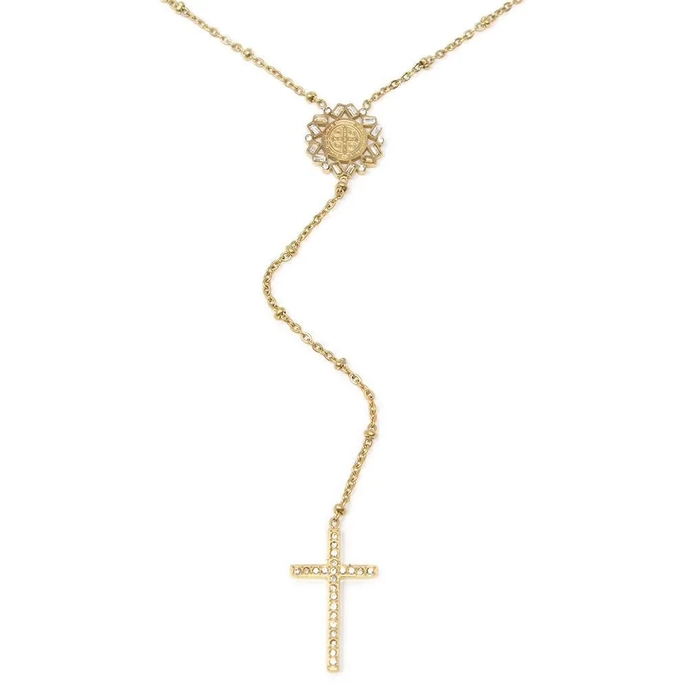 Stainless Steel Rosary Necklace CZ Cross Gold Plated