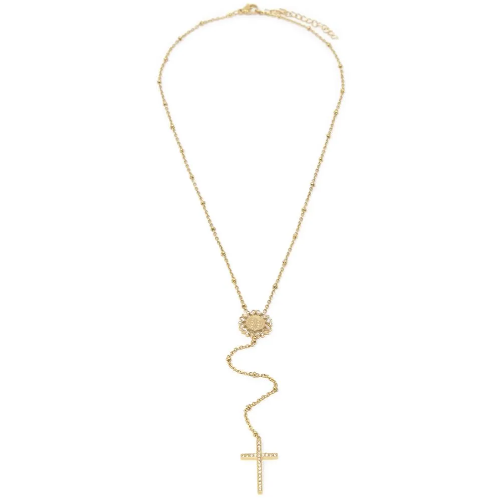 Stainless Steel Rosary Necklace CZ Cross Gold Plated