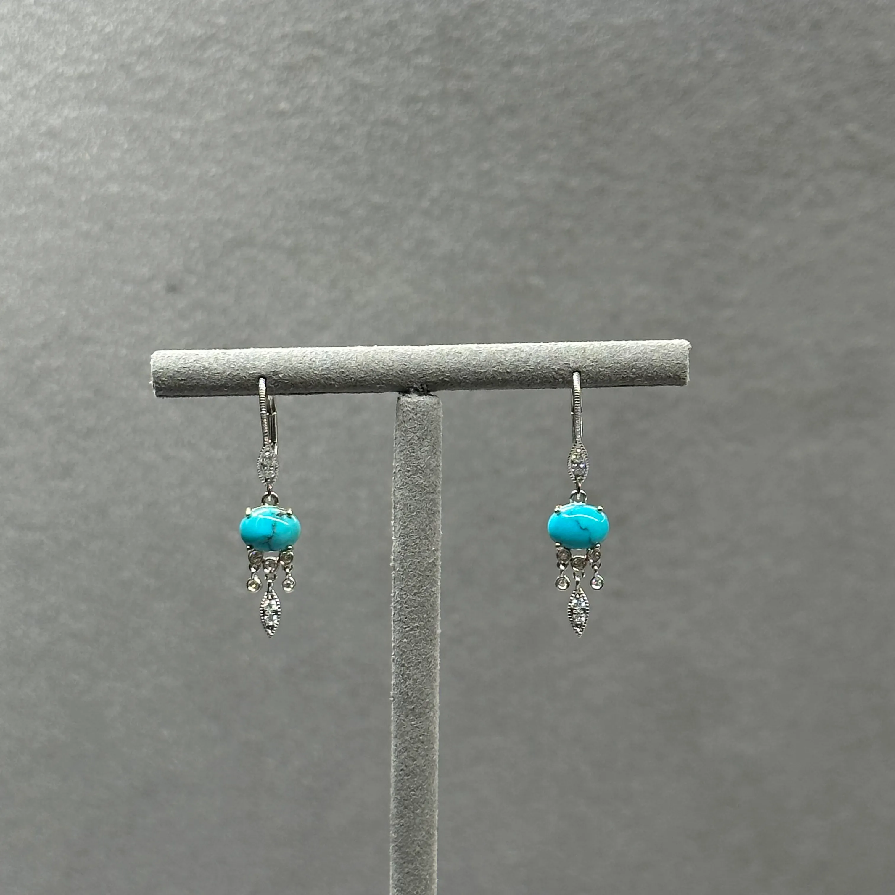 Two Tone Gold Turquoise and Diamond Drop Dangle Earrings