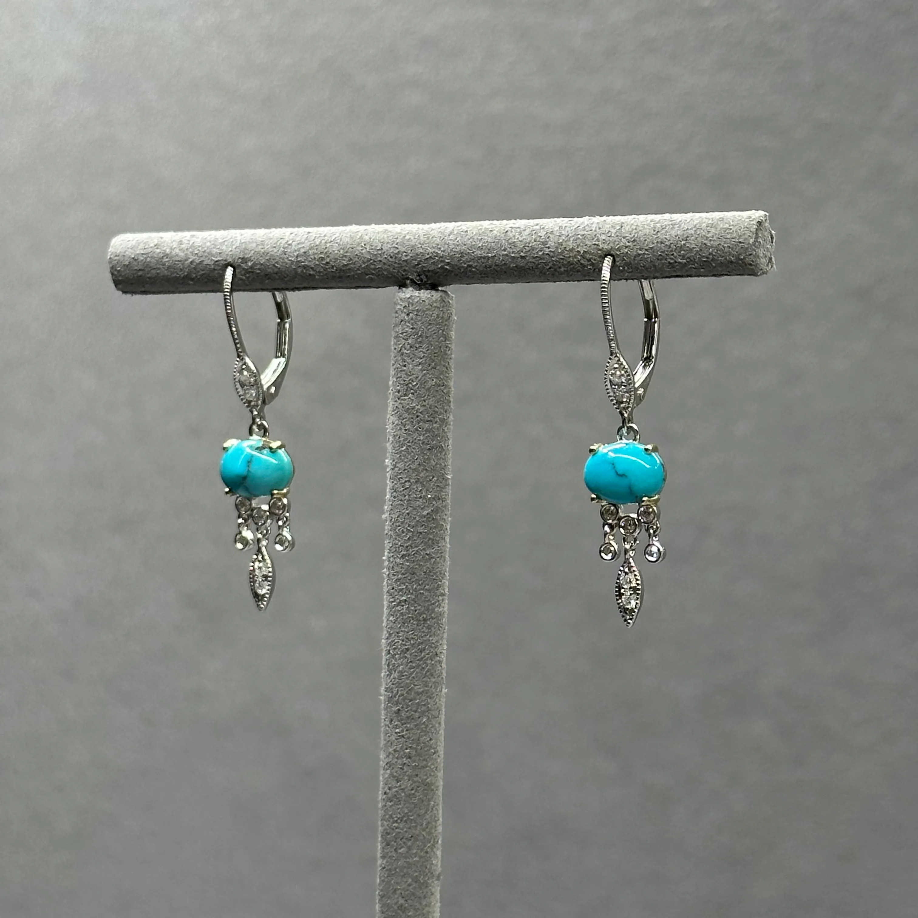 Two Tone Gold Turquoise and Diamond Drop Dangle Earrings