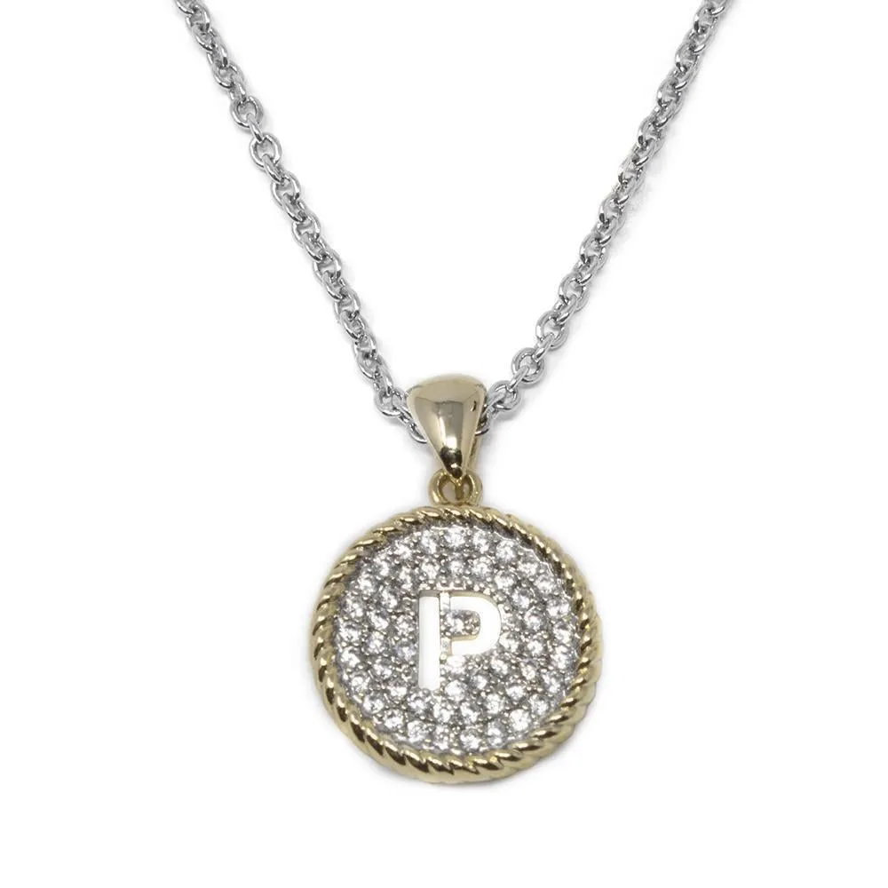 Two Tone Necklace Round Pave Initial - P