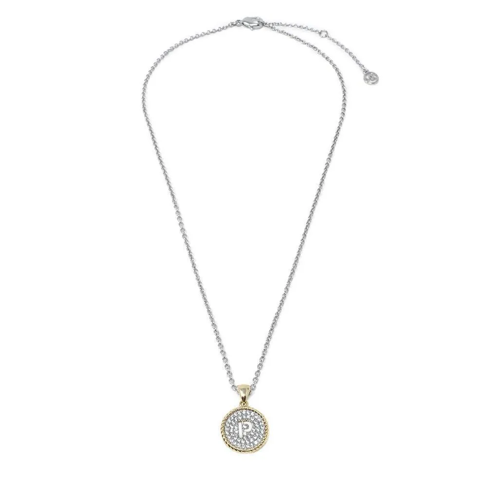 Two Tone Necklace Round Pave Initial - P