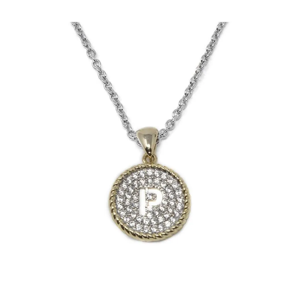 Two Tone Necklace Round Pave Initial - P