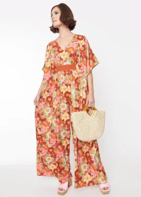 Unique Vintage Flower Bunch 70's Kaftan Jumpsuit Orange