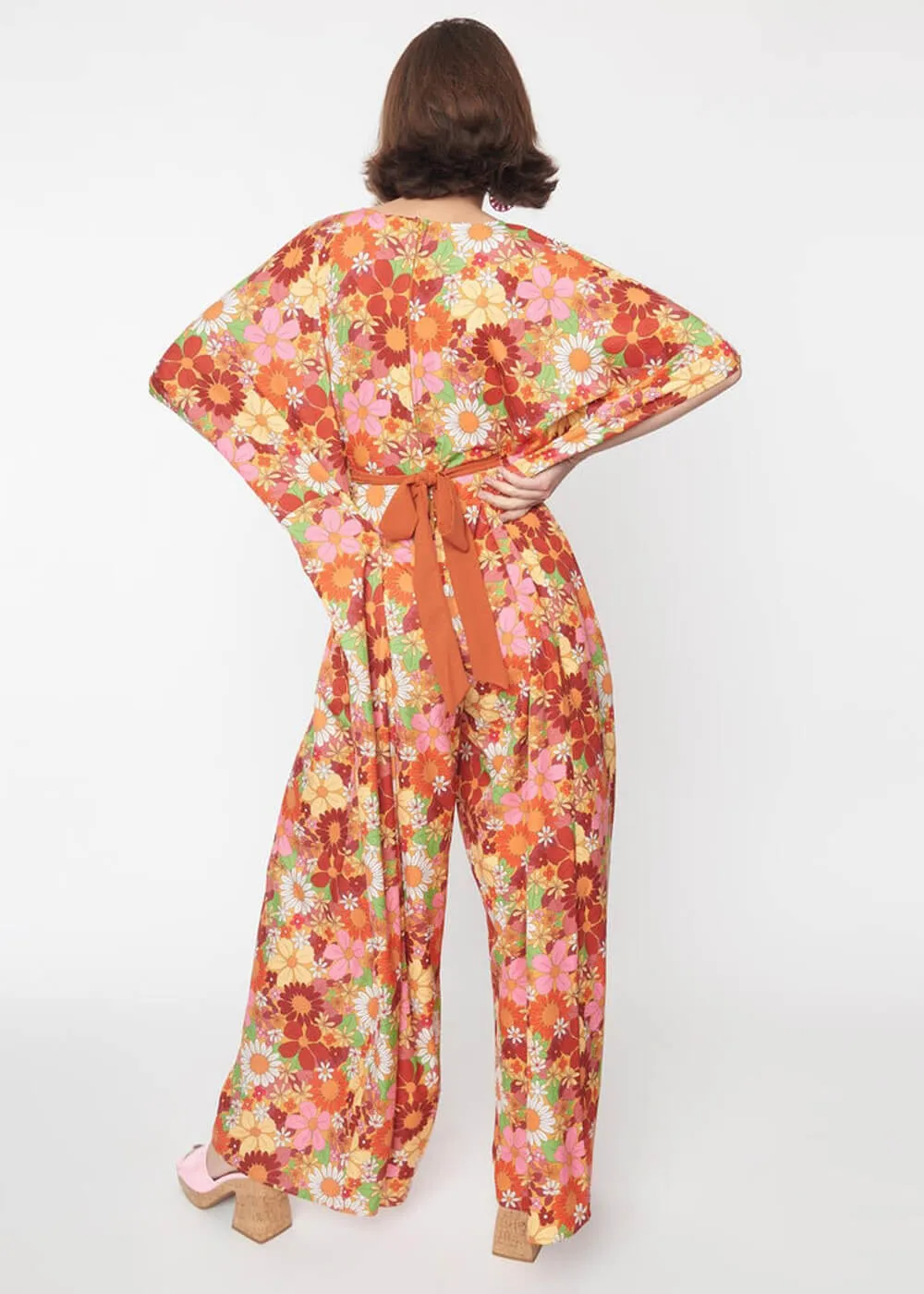 Unique Vintage Flower Bunch 70's Kaftan Jumpsuit Orange