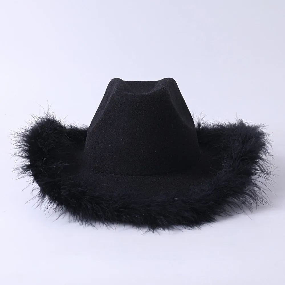 Unisex Casual Fluffy Feather Bachelorette Partywear Western Cowboy Hat