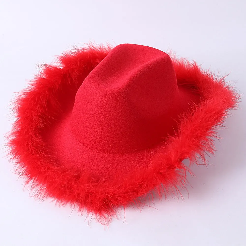 Unisex Casual Fluffy Feather Bachelorette Partywear Western Cowboy Hat