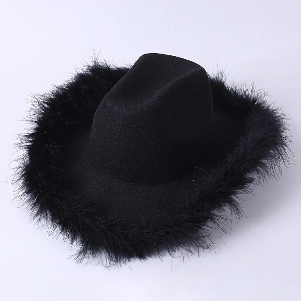 Unisex Casual Fluffy Feather Bachelorette Partywear Western Cowboy Hat