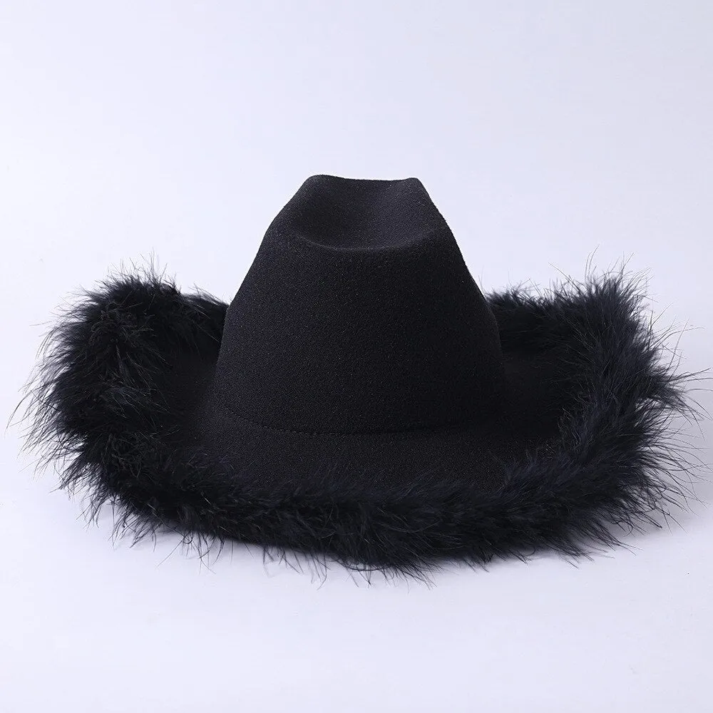 Unisex Casual Fluffy Feather Bachelorette Partywear Western Cowboy Hat