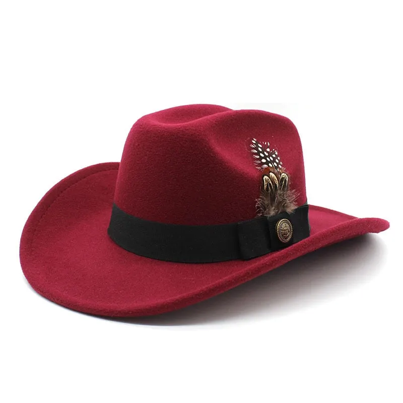 Unisex Vintage Solid Pattern Wool Partywear Western Jazz Cowboy Hat