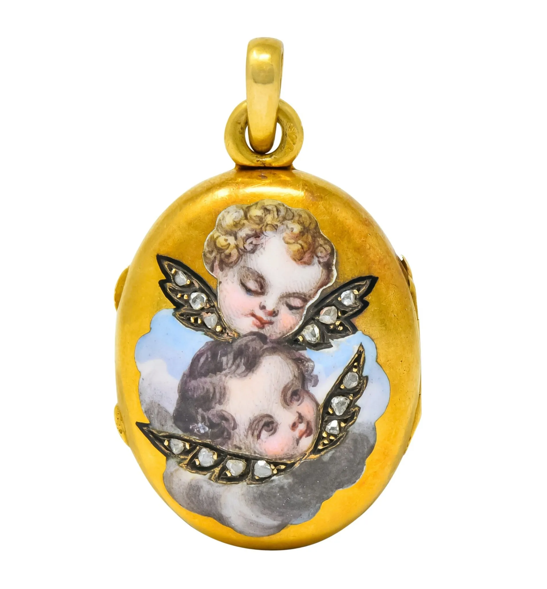 Victorian Rose Cut Diamond Enamel 18 Karat Gold Cherub Mourning Locket Pendant