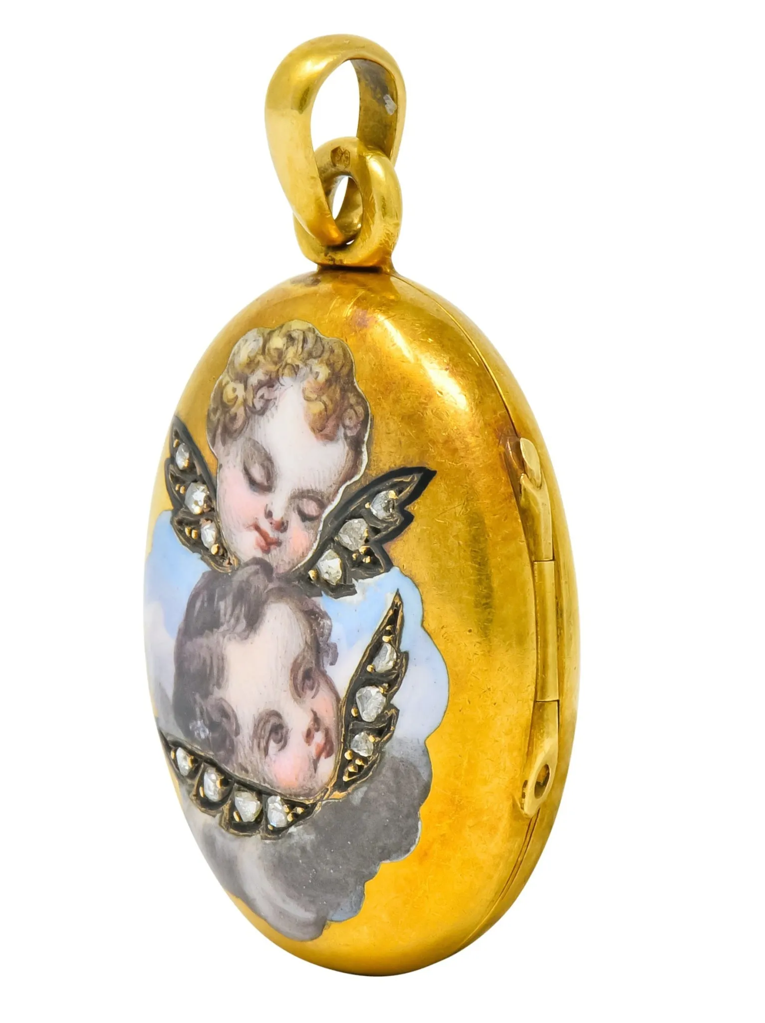 Victorian Rose Cut Diamond Enamel 18 Karat Gold Cherub Mourning Locket Pendant