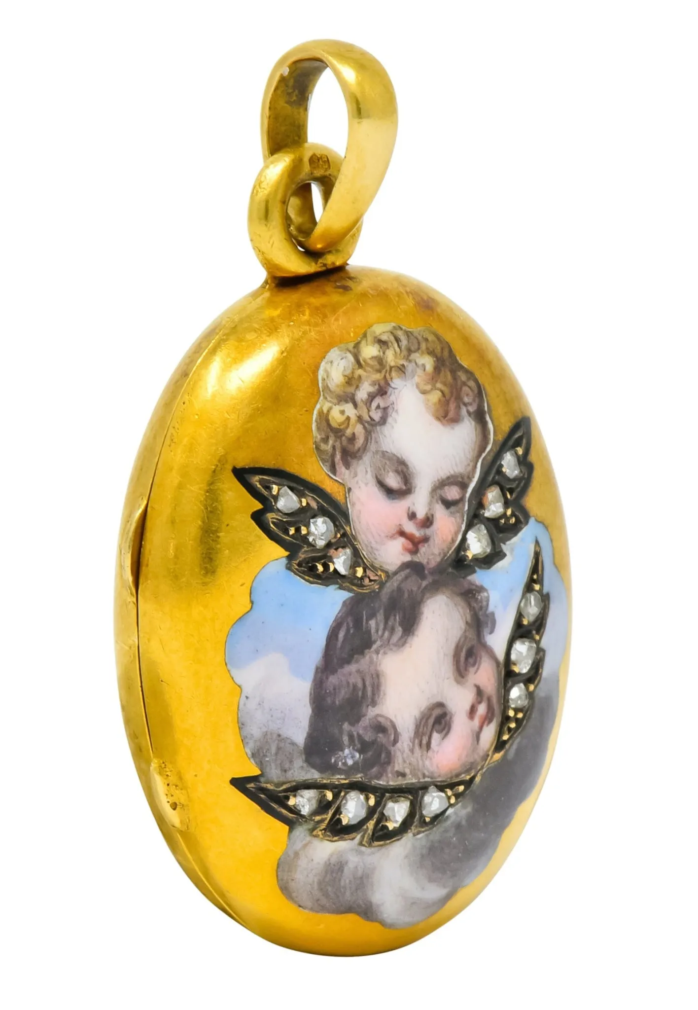 Victorian Rose Cut Diamond Enamel 18 Karat Gold Cherub Mourning Locket Pendant