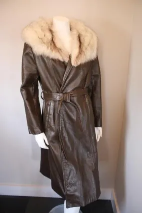 Vintage 60's Belted Brown Leather Coat with Fox Fur Collar