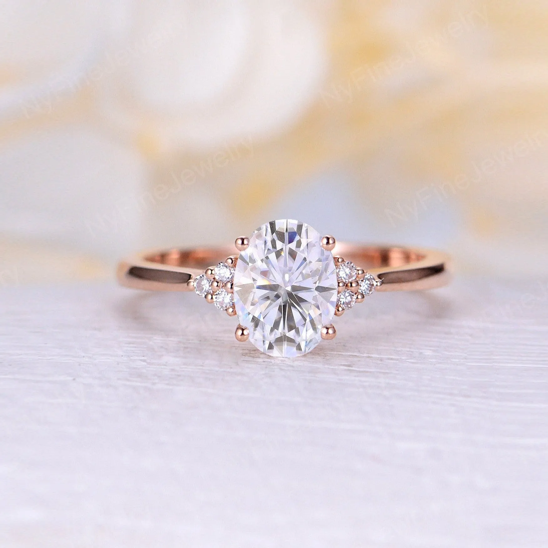 Vintage Oval Moissanite Side Stone Engagement Ring