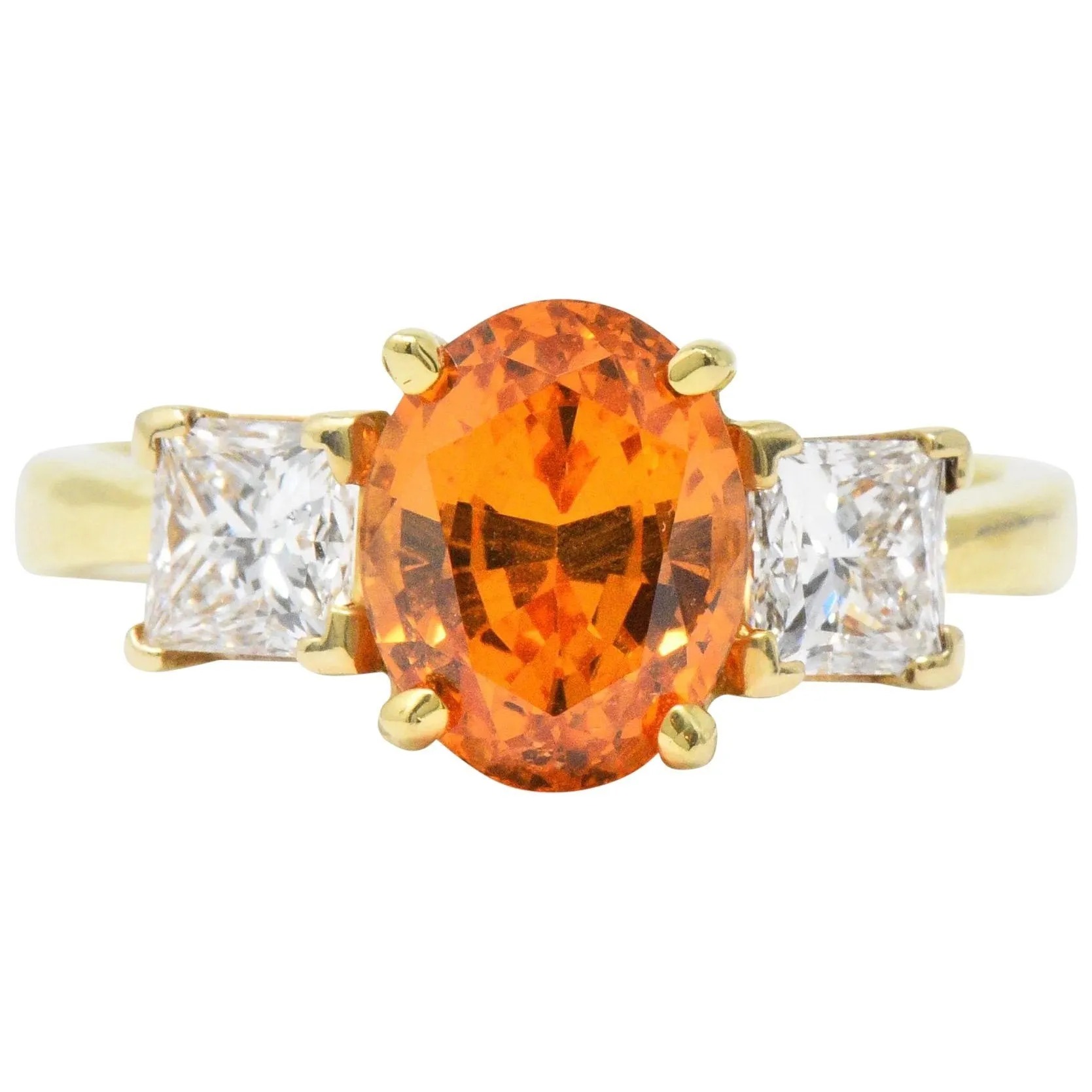 Vivid 4.60 CTW Spessartite Garnet Diamond 18 Karat Gold Three Stone Ring