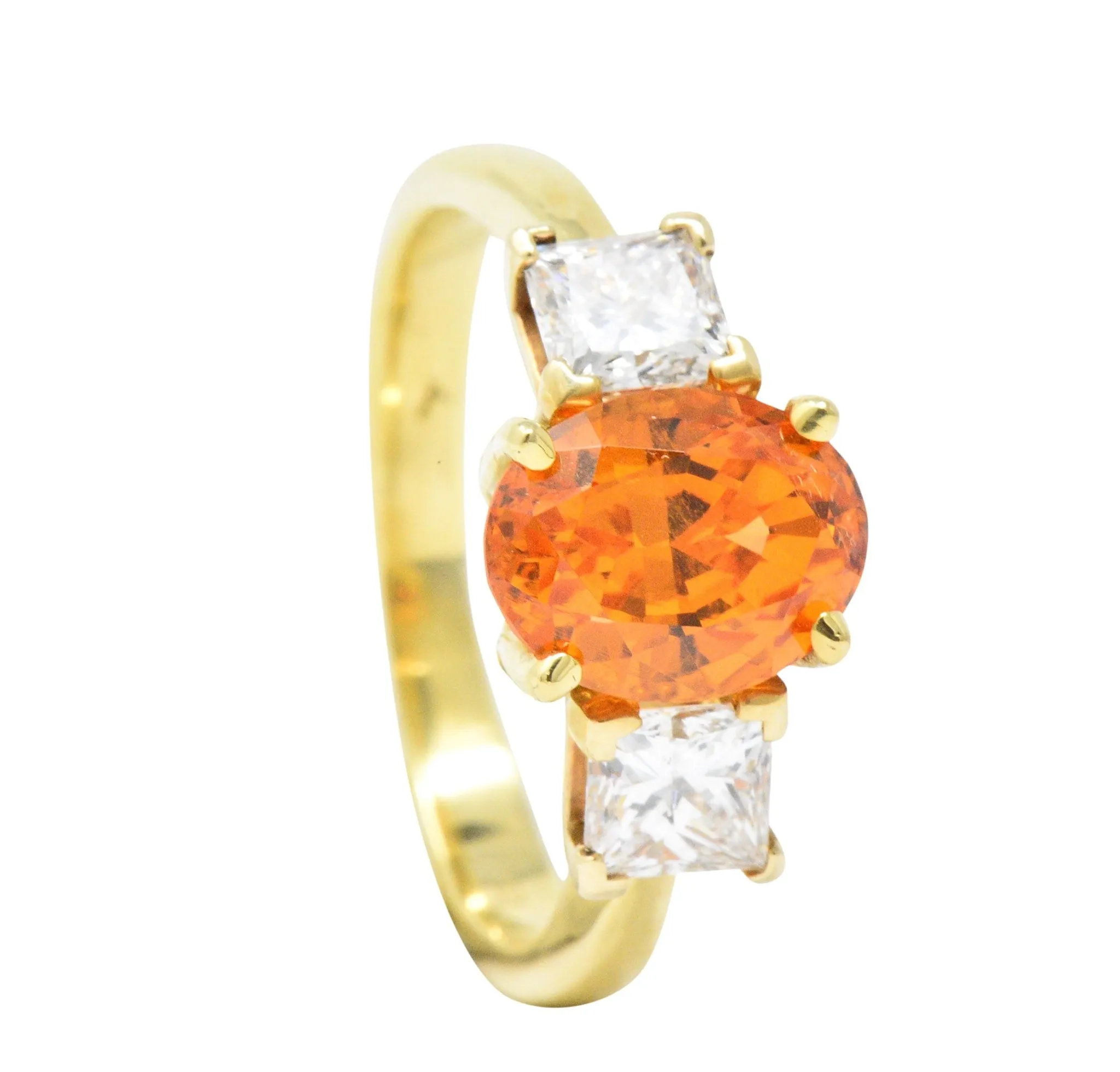 Vivid 4.60 CTW Spessartite Garnet Diamond 18 Karat Gold Three Stone Ring