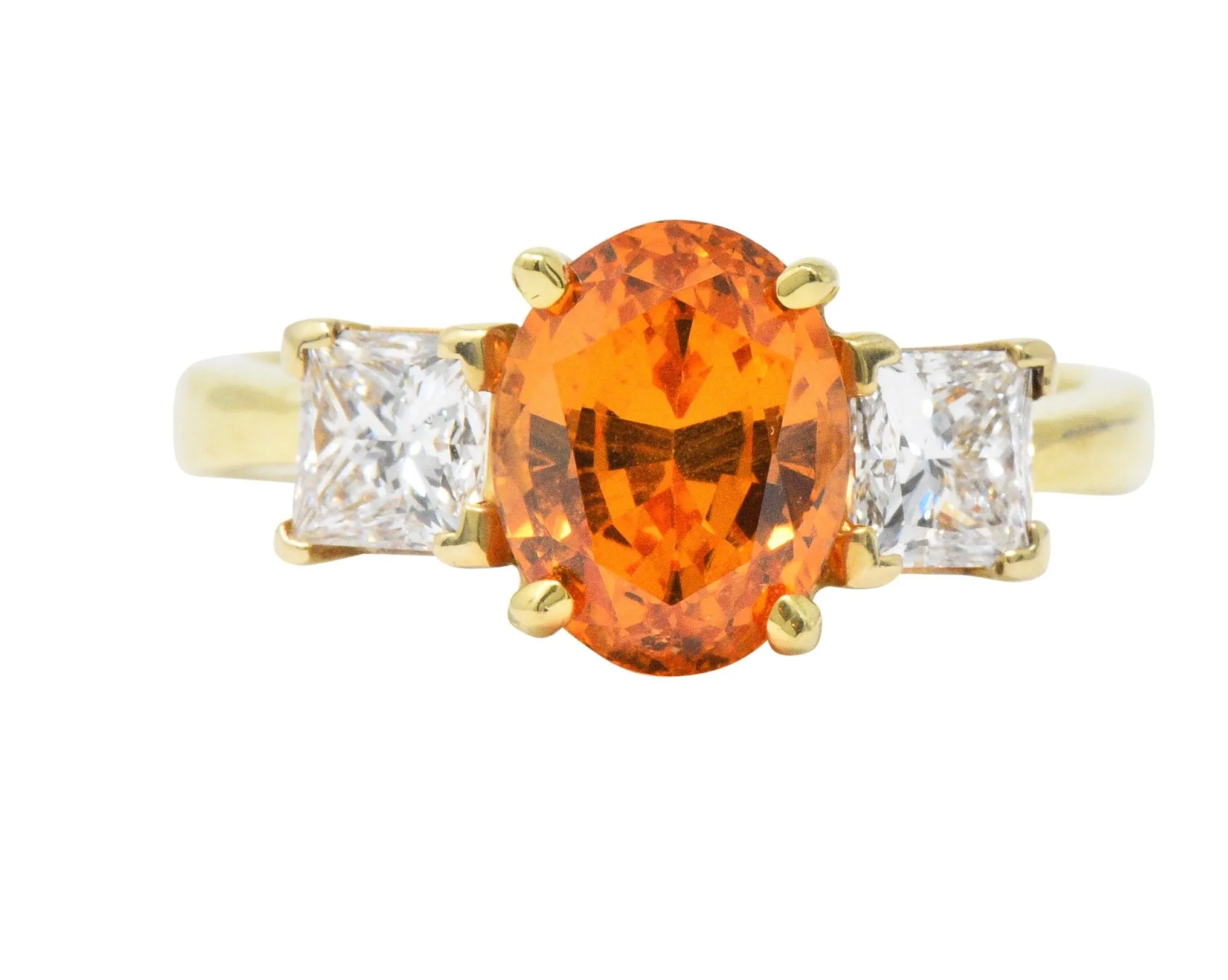 Vivid 4.60 CTW Spessartite Garnet Diamond 18 Karat Gold Three Stone Ring