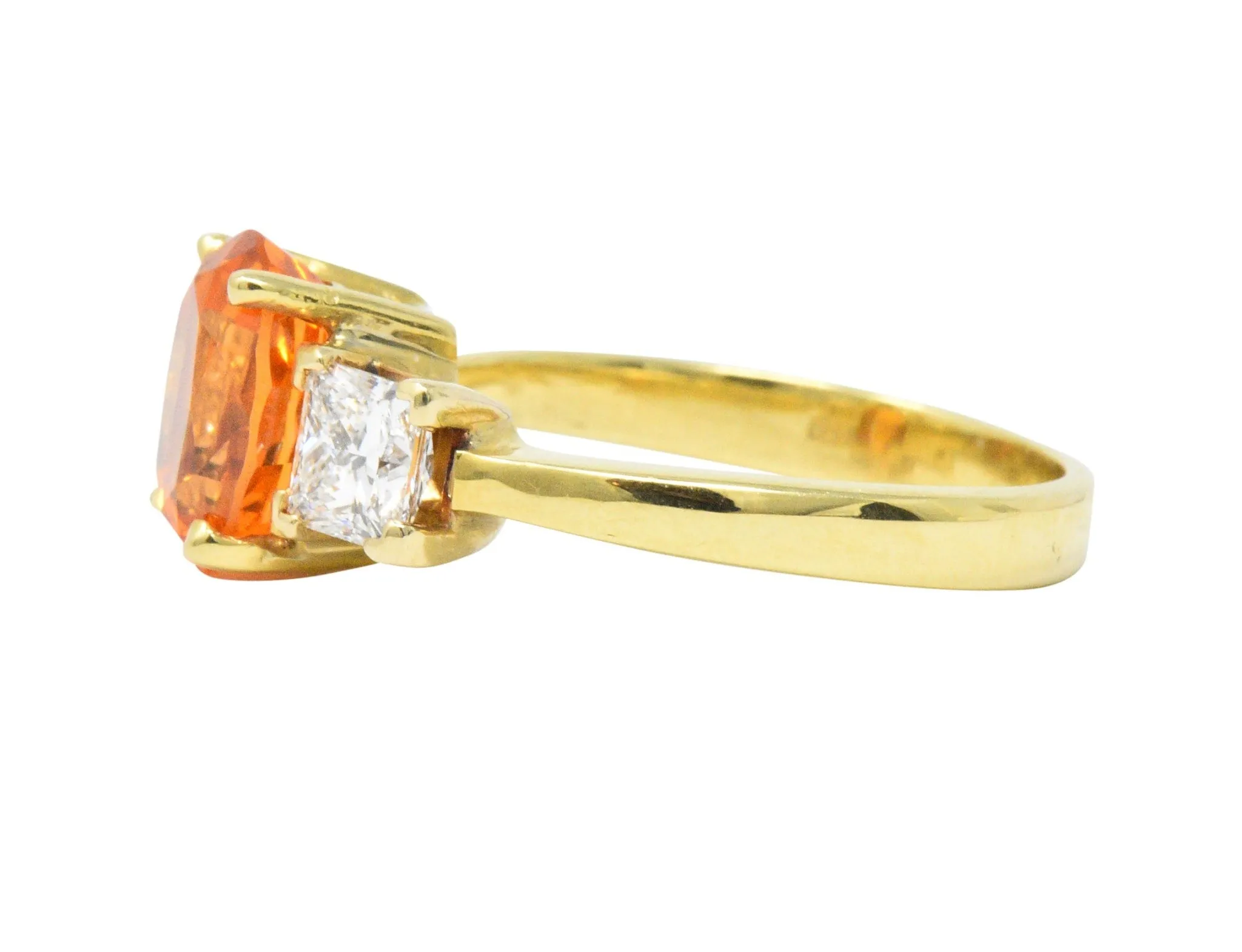 Vivid 4.60 CTW Spessartite Garnet Diamond 18 Karat Gold Three Stone Ring