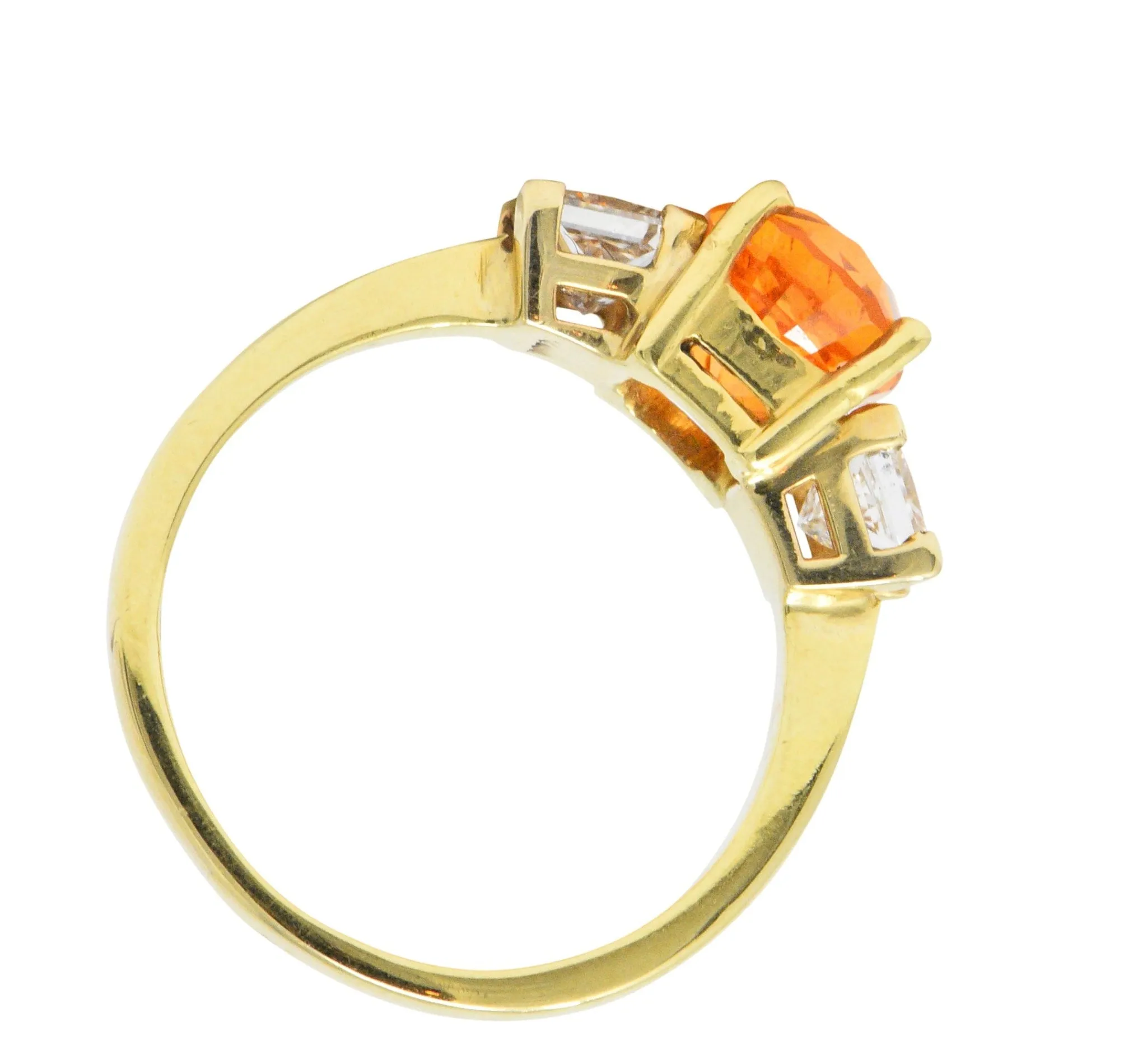 Vivid 4.60 CTW Spessartite Garnet Diamond 18 Karat Gold Three Stone Ring